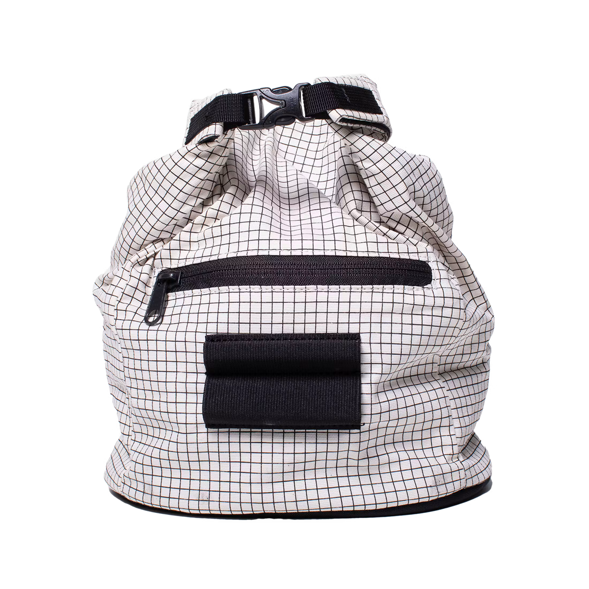 Canvas chalk bucket with roll-top opening, black shoulder strap, white grid canvas