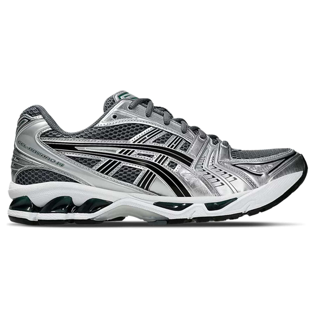 Lace-up running trainers in silver, black and dark green, three-quarter side profile