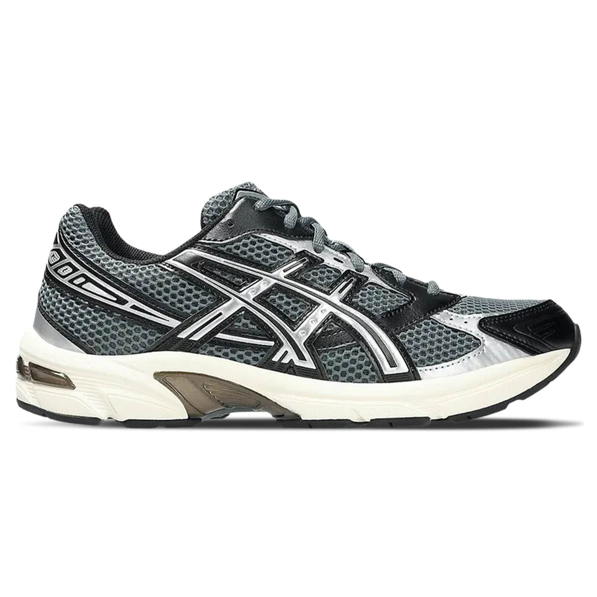 ASICS GEL-1130 trainers, steel grey and black with white accents; side view, lace-up mesh