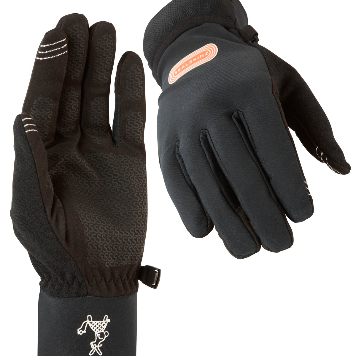 Black running gloves with textured palm, adjustable cuff strap, and orange logo