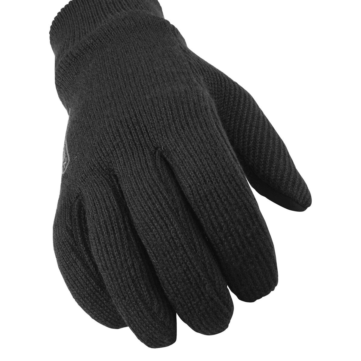 Black knitted glove close-up with textured palm and stitched finger lines