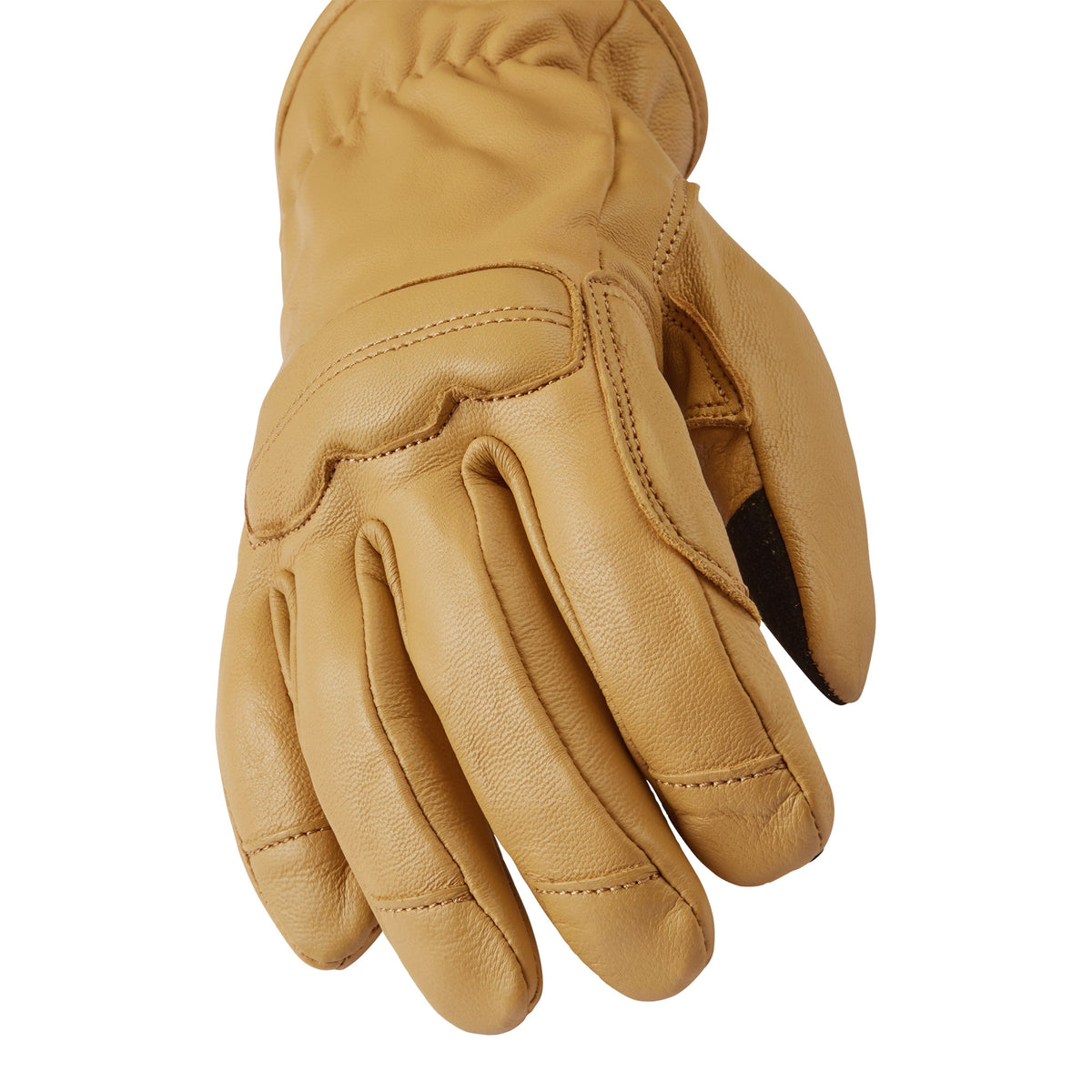 Tan work glove palm with padded knuckle design and stitched finger panels