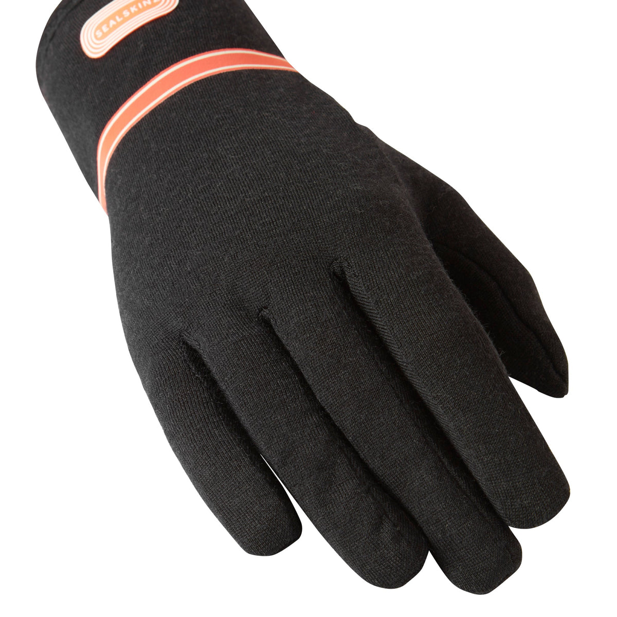 Black merino running glove close-up of textured palm and red SealSkinz trim