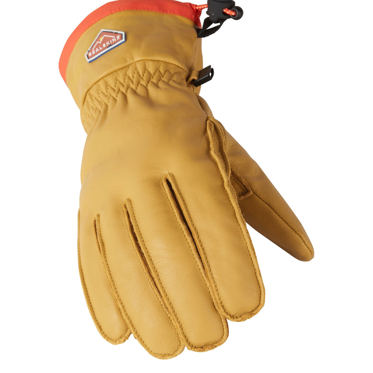 Tan waterproof leather hiking glove with orange back, logo patch, and black wrist strap