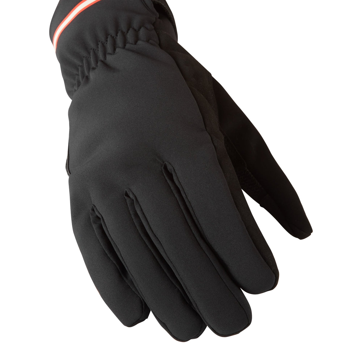 Black cycling gloves with textured knuckle panels and reflective red piping detail