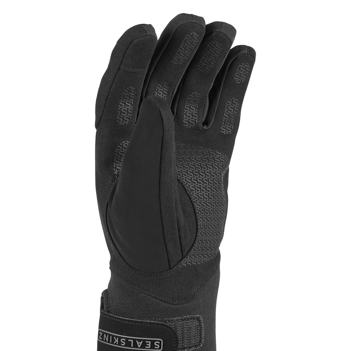 Black waterproof cycle gloves with textured back, cushioned knuckles, and adjustable cuff strap
