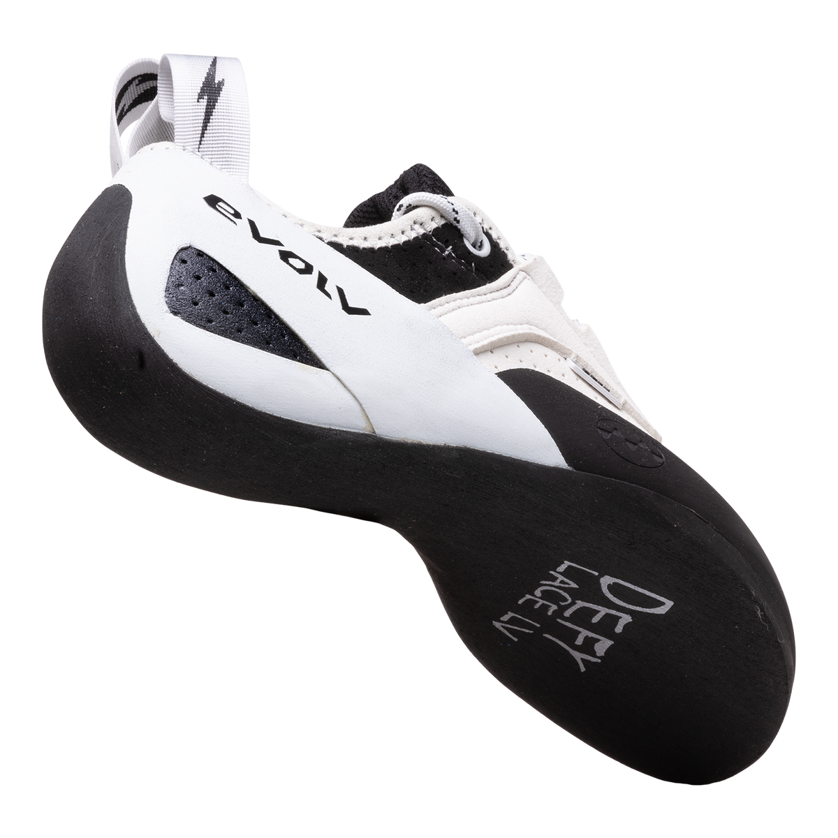 Evolv Defy Lace LV low-volume climbing shoes, angled side view in white and black