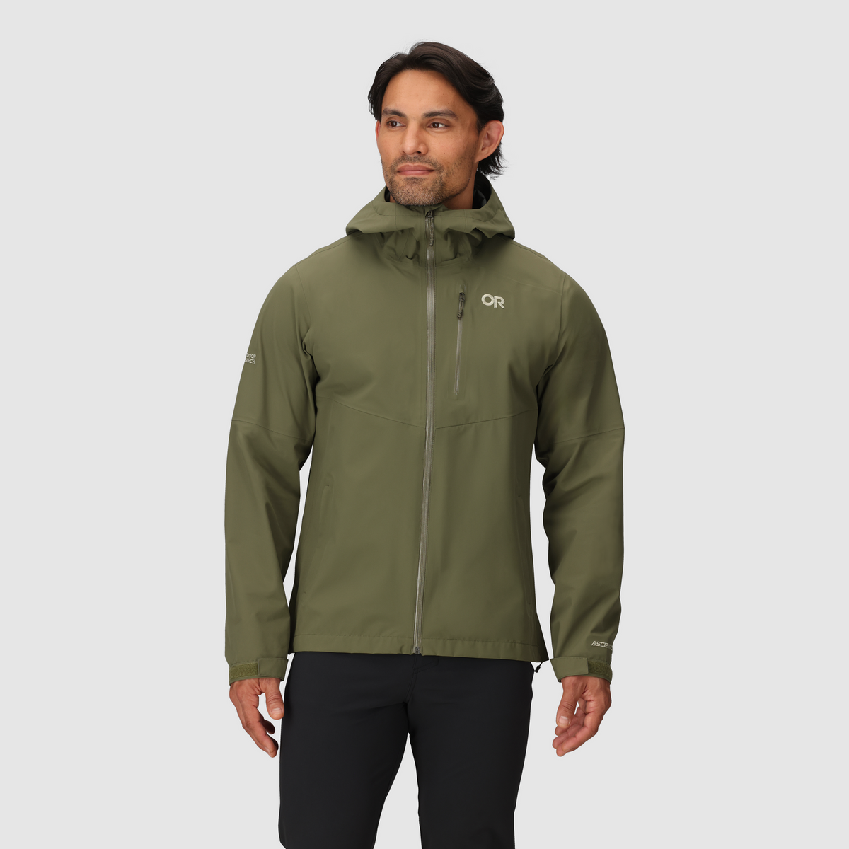 Olive green 3L waterproof hooded shell jacket with full-zip front and chest pocket