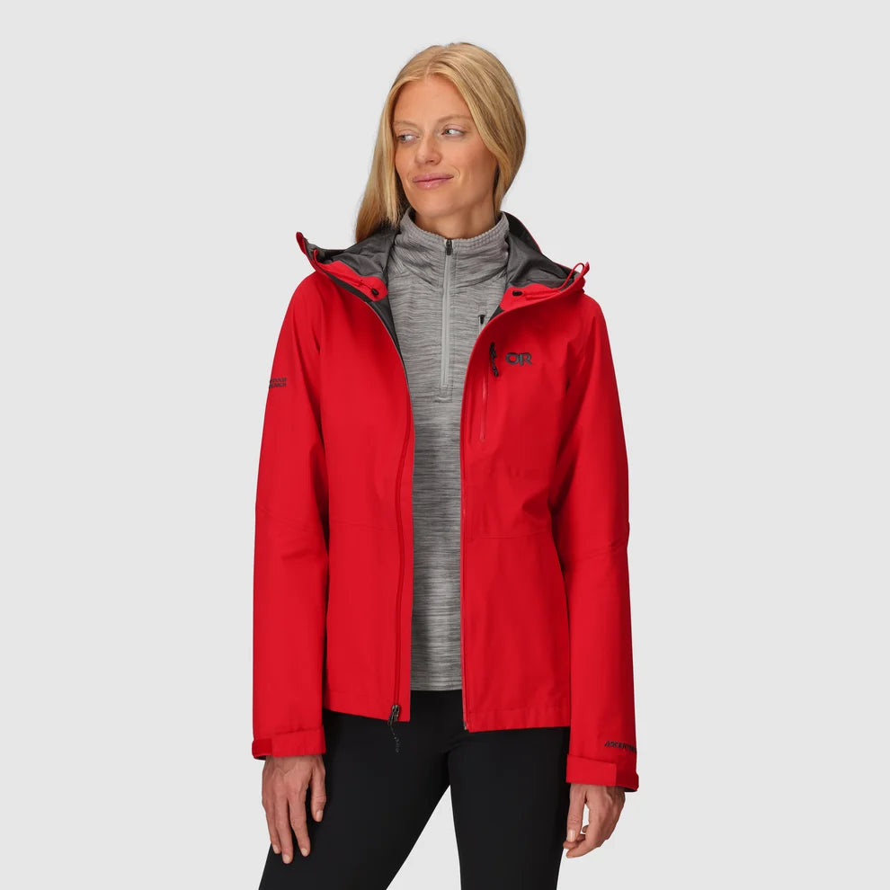 Women's Aspire 3L rain jacket in red, worn open with the hood down.