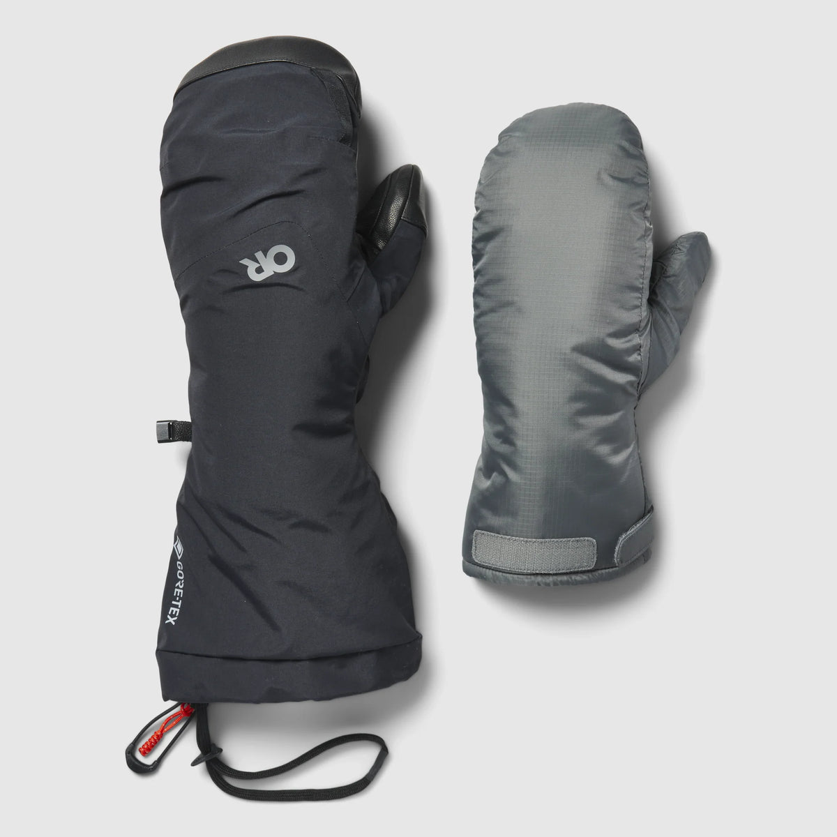 Men's GORE-TEX waterproof mitts, dark and gray pair, OR logo, drawcord wrist leash