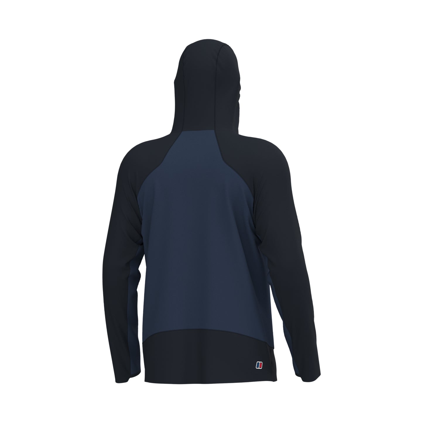 A dark navy and black raglan hooded sweatshirt shown from the back, featuring a solid navy back panel and black sleeves, hood, and hem, with a small logo on the bottom right.
