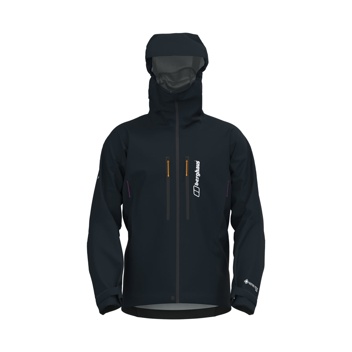 Black waterproof hooded jacket with center front zip and sleeve logo print