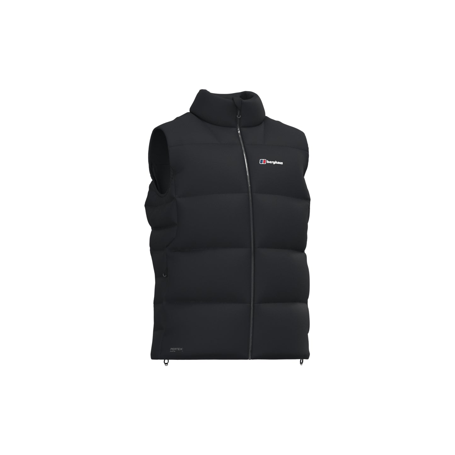 A black puffer vest with a full front zipper, mock neck collar, and a small white and blue Berghaus logo on the left chest, shown against a plain white background.