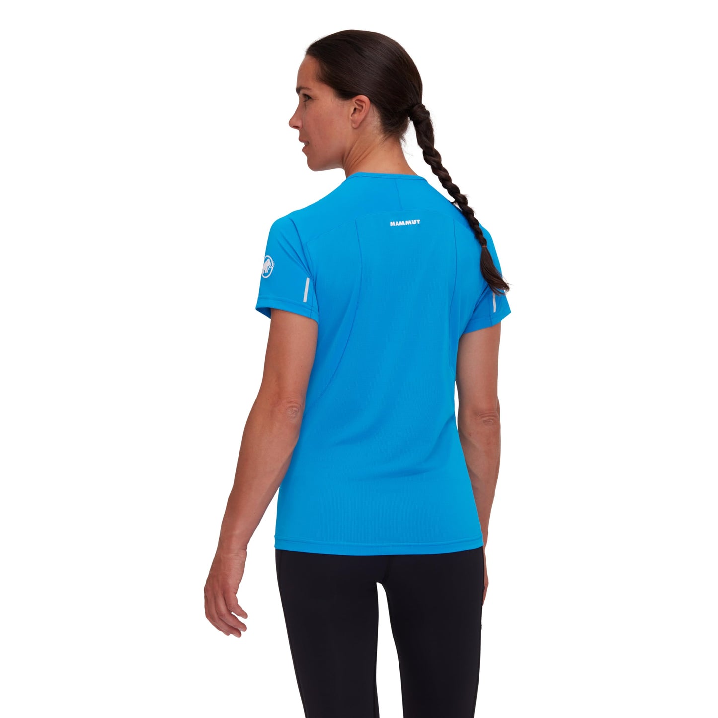 Women’s bright blue crew-neck performance T-shirt, back view with short sleeves