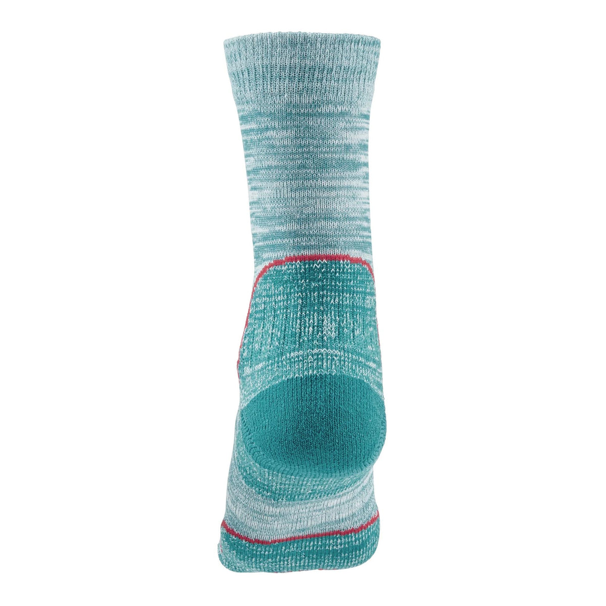 Lightweight hiking boot sock, teal blue with red seam stripe at the heel and sole cushion