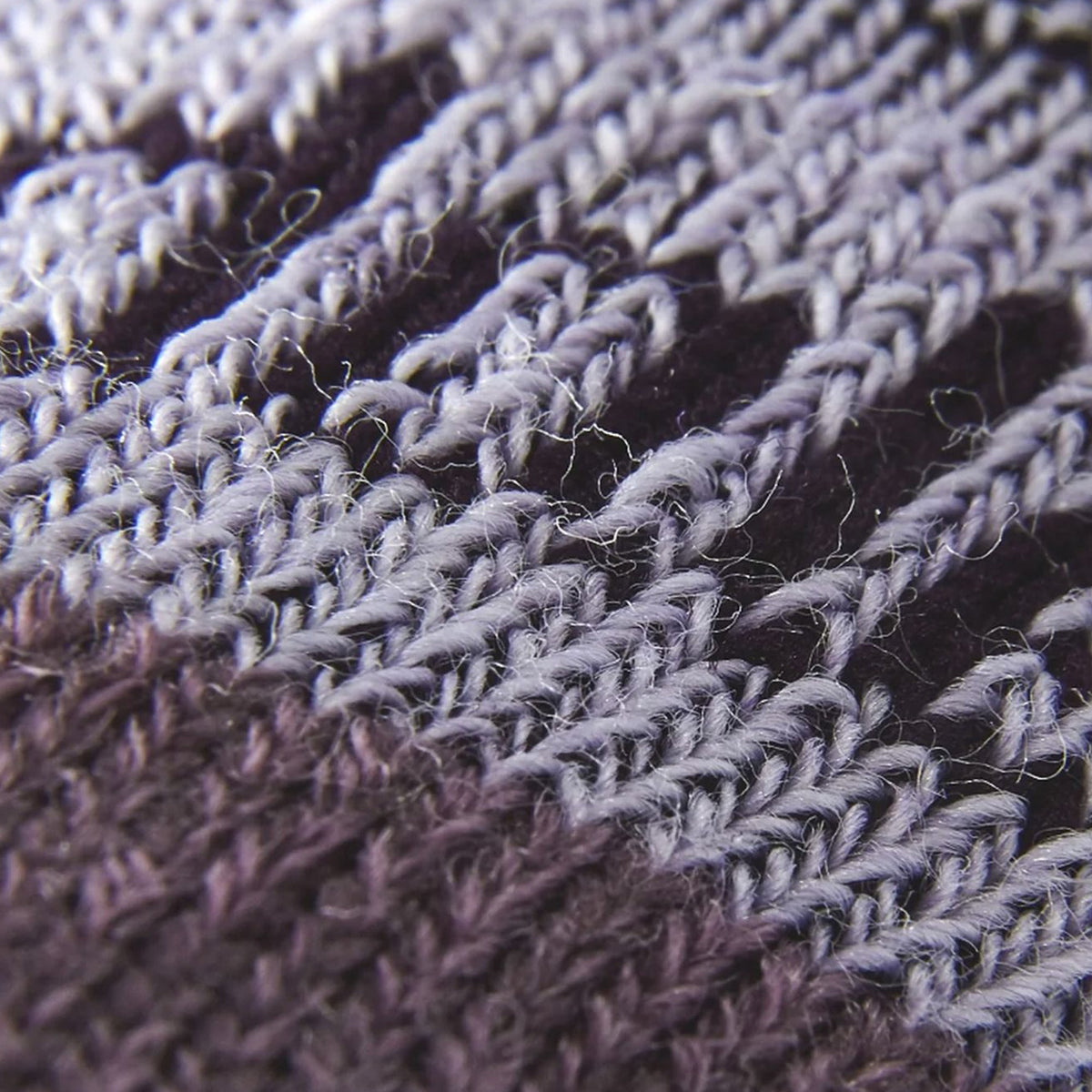 Close-up of textured knit merino sock fabric in blue and purple tones