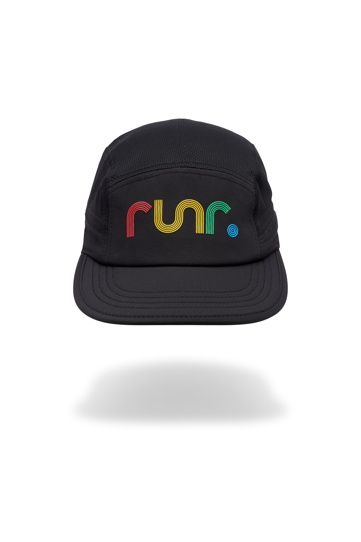 Black technical running cap with multicolor logo and curved brim