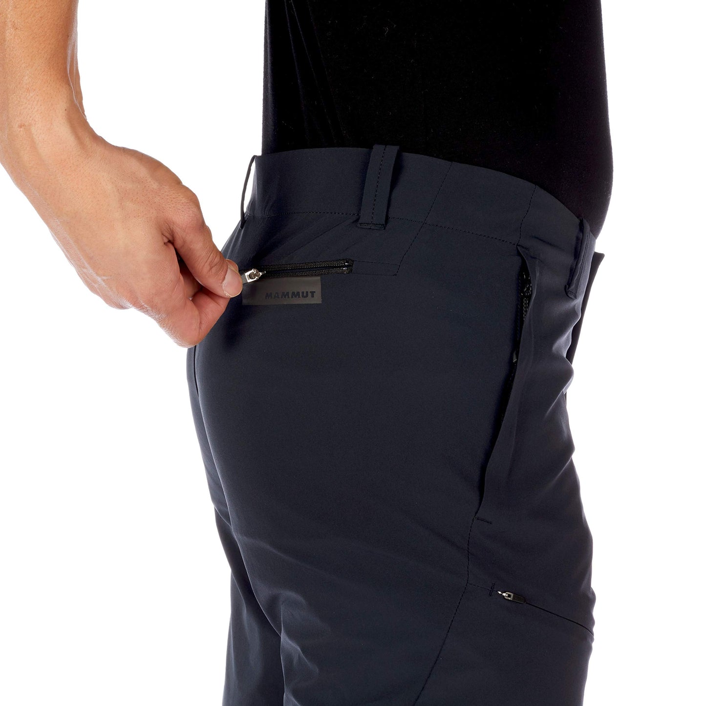 Men’s dark blue trail running shorts with thigh zipper pocket and taped waistband