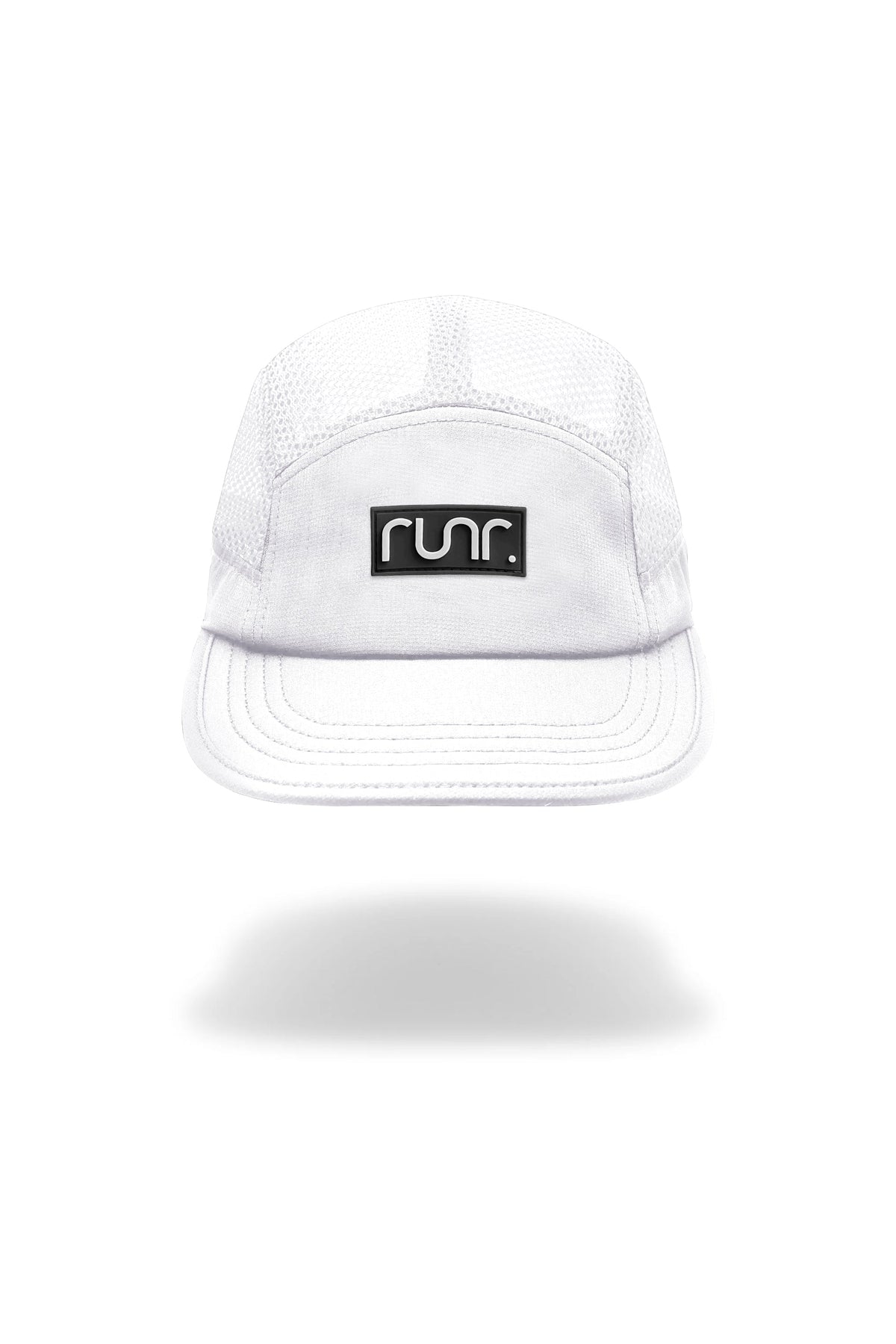 White technical running hat with mesh top and curved brim