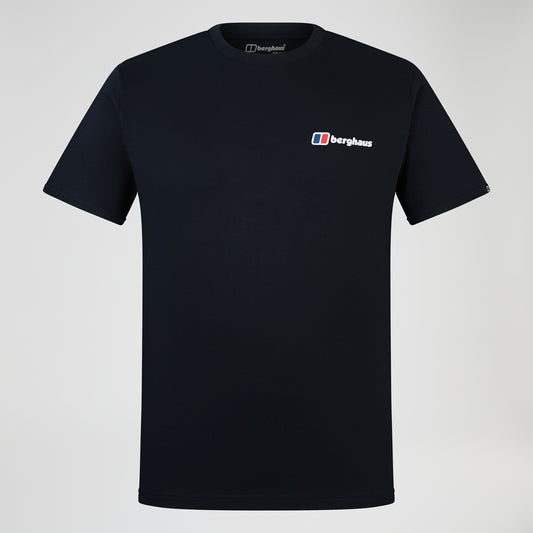 Dark blue Berghaus logo crew-neck t-shirt with small chest flag badge.