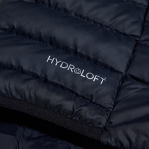 Close-up of a black puffer jacket with HydroLoft logo