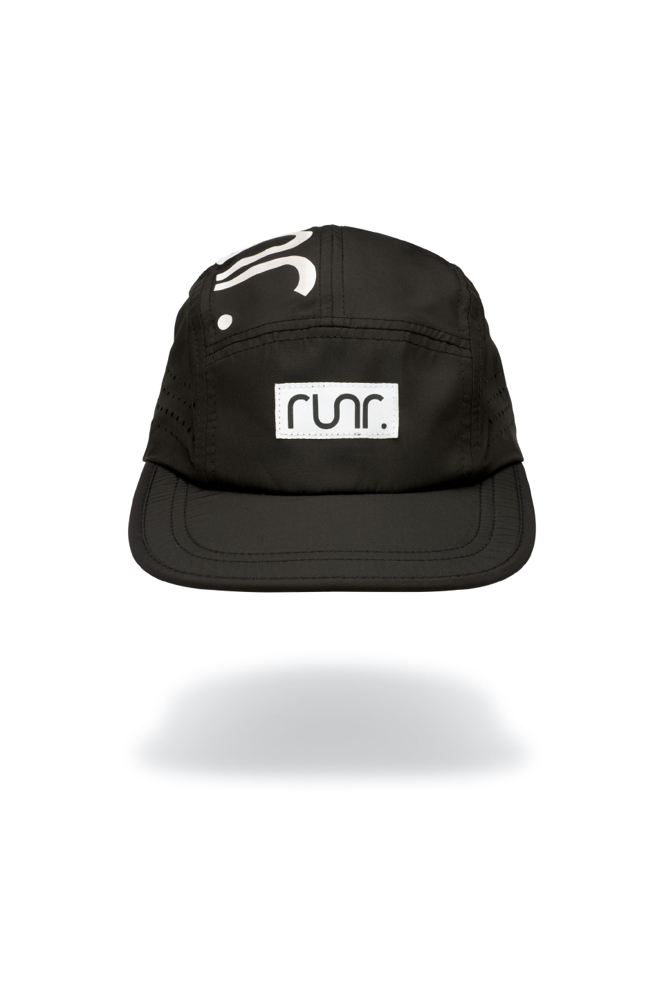 Black technical running hat with white RUNR logo patch and curved brim.