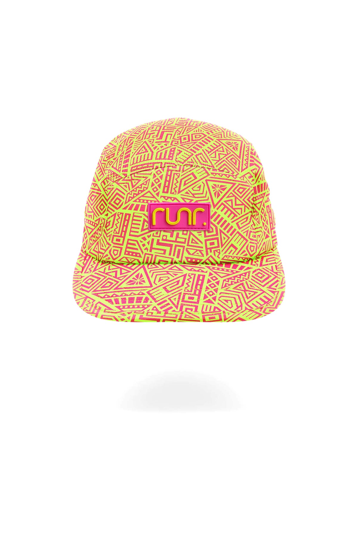 Technical running cap in bright coral with neon geometric print and front RUN logo