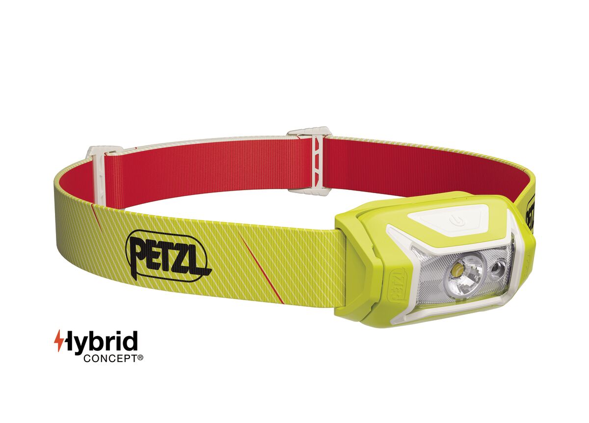 Petzl headlamp with lime head strap and red accent, neon green front housing