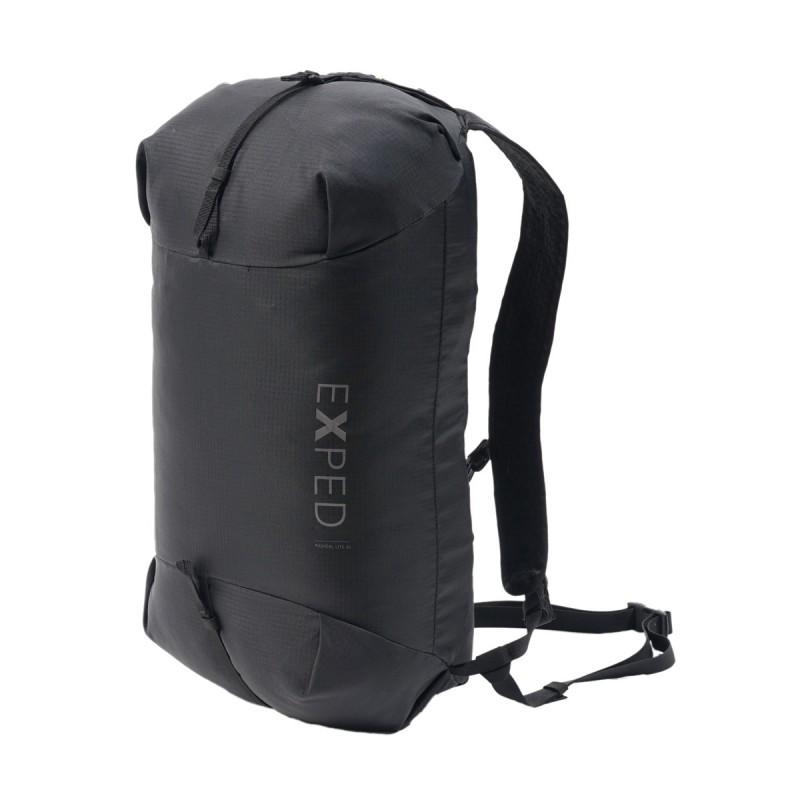 Black folding lightweight rucksack with “EXPED” logo, shoulder strap, and top pull loop