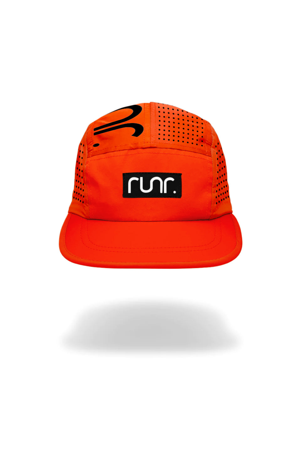 Orange running cap front with black logo patch and perforated sides