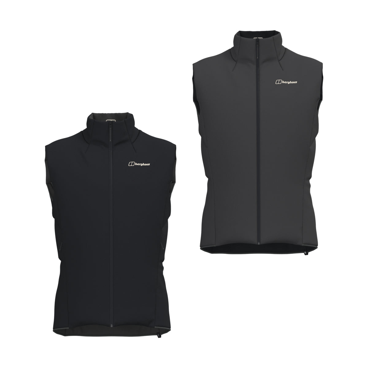 Reversible insulated gilet, two sides shown with stand collar and full front zip.