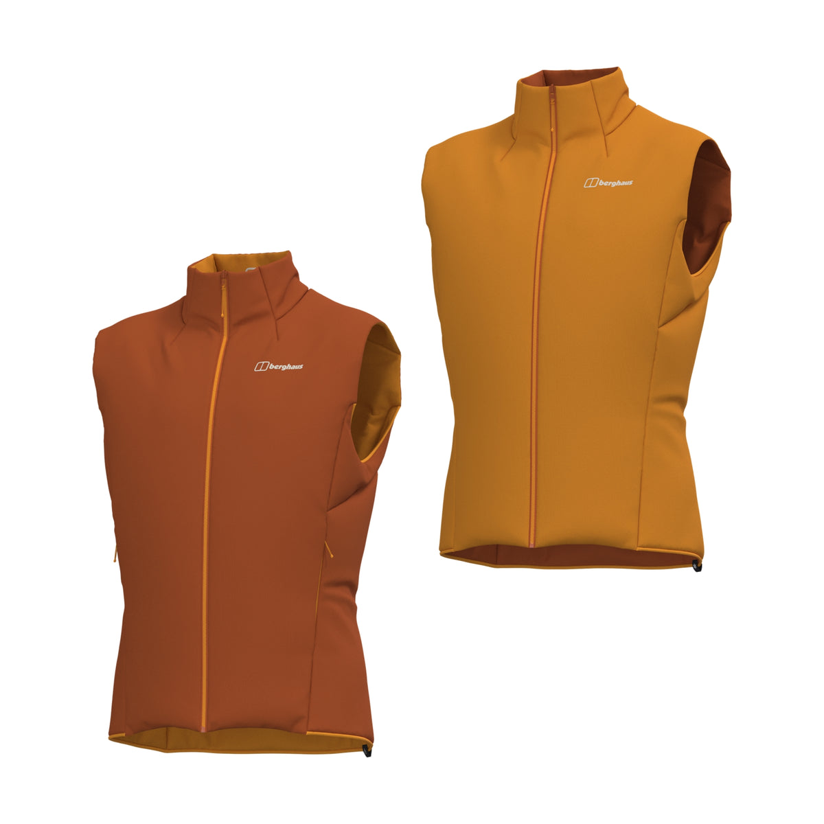Reversible insulated gilet with full-zip front, stand collar, and side pockets.