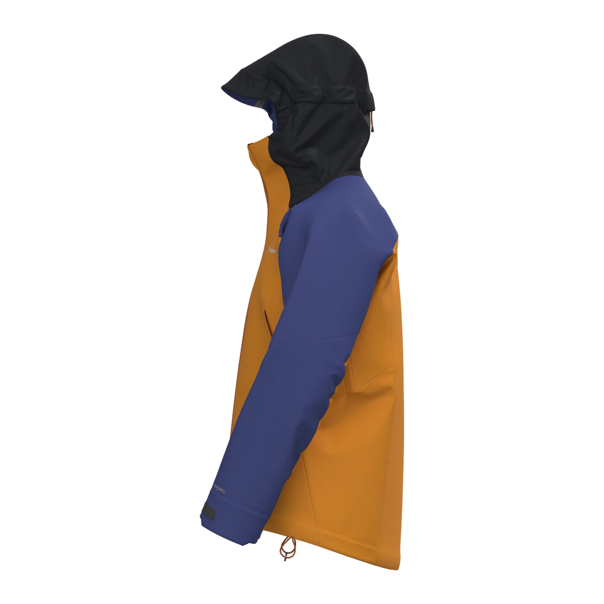 Orange waterproof jacket with navy sleeves, side view, attached hood and zipper