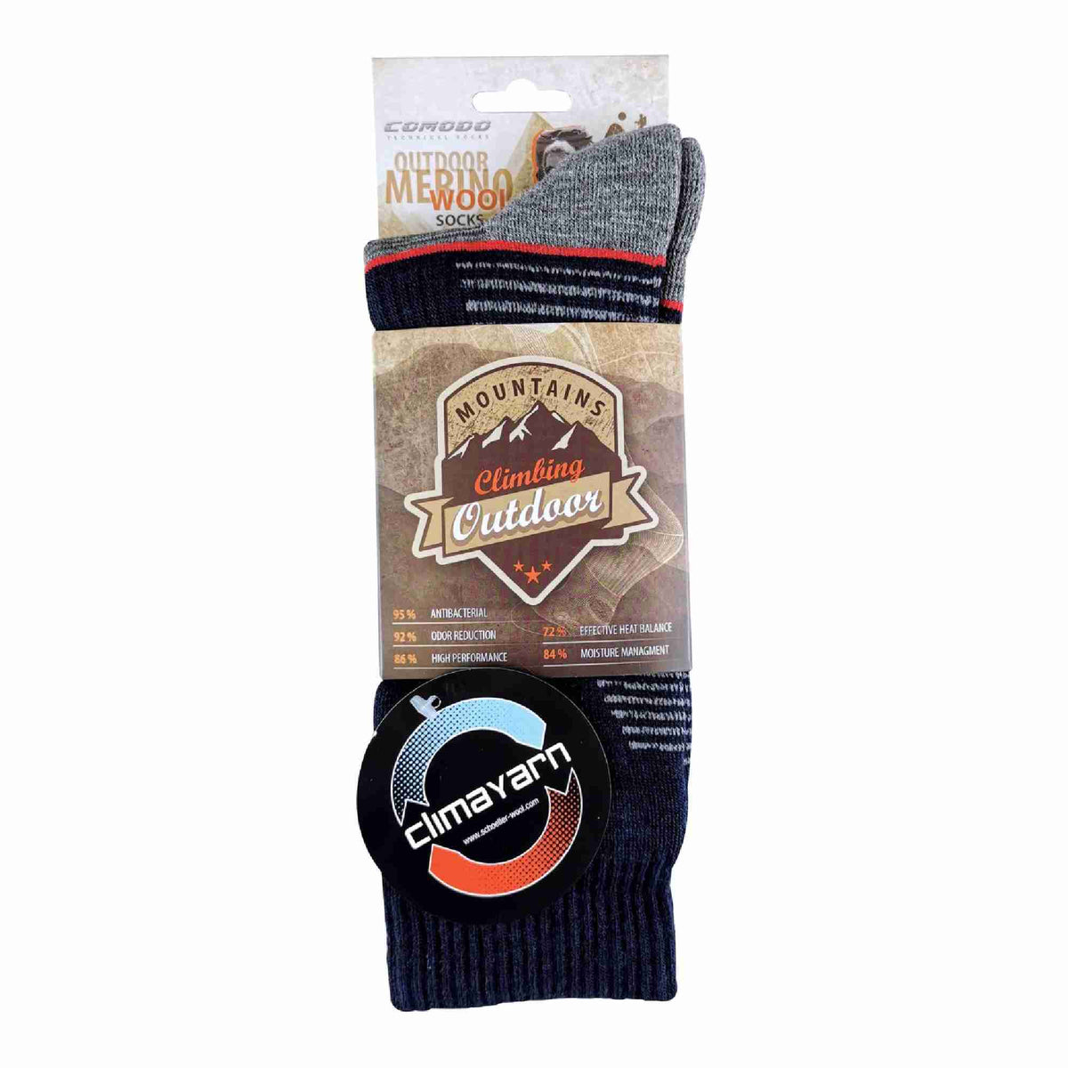 Medium grey merino wool hiking socks with orange stripe in retail pack