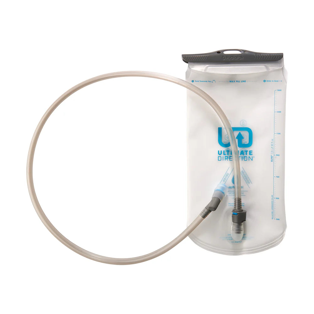 Clear hydration bladder with hose on a white background, featuring the Ultimate Direction logo.