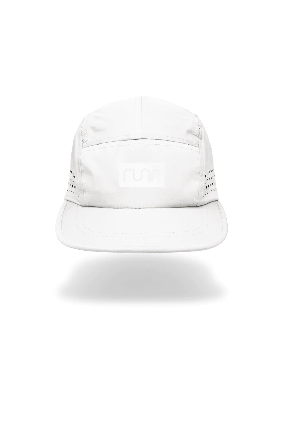 White technical running cap with curved brim and front logo panel