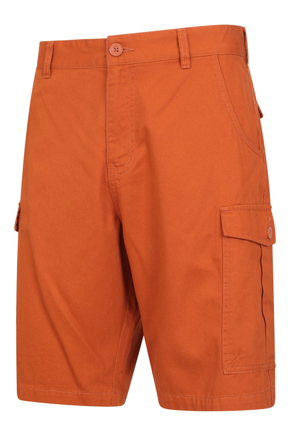Men's orange cargo shorts with button waist and side cargo pockets