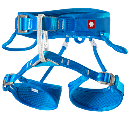 Blue kids climbing harness with adjustable webbing straps, metal buckles, and leg loops