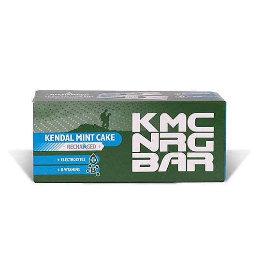 KMC NRG BAR recharged Kendal Mint Cake bar box, green carton with blue label