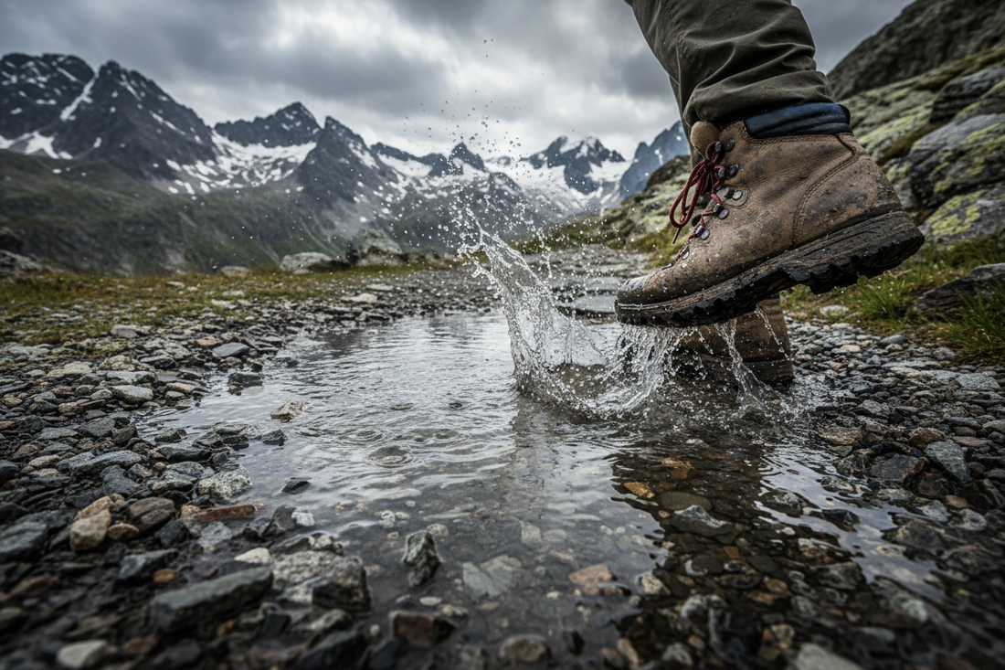 Hiking boots being treated with waterproofing spray on a wooden surface