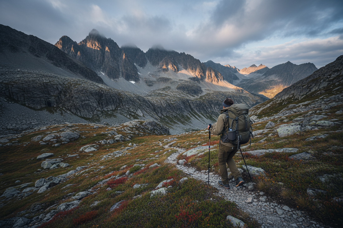Hiker using trekking poles on a mountain trail