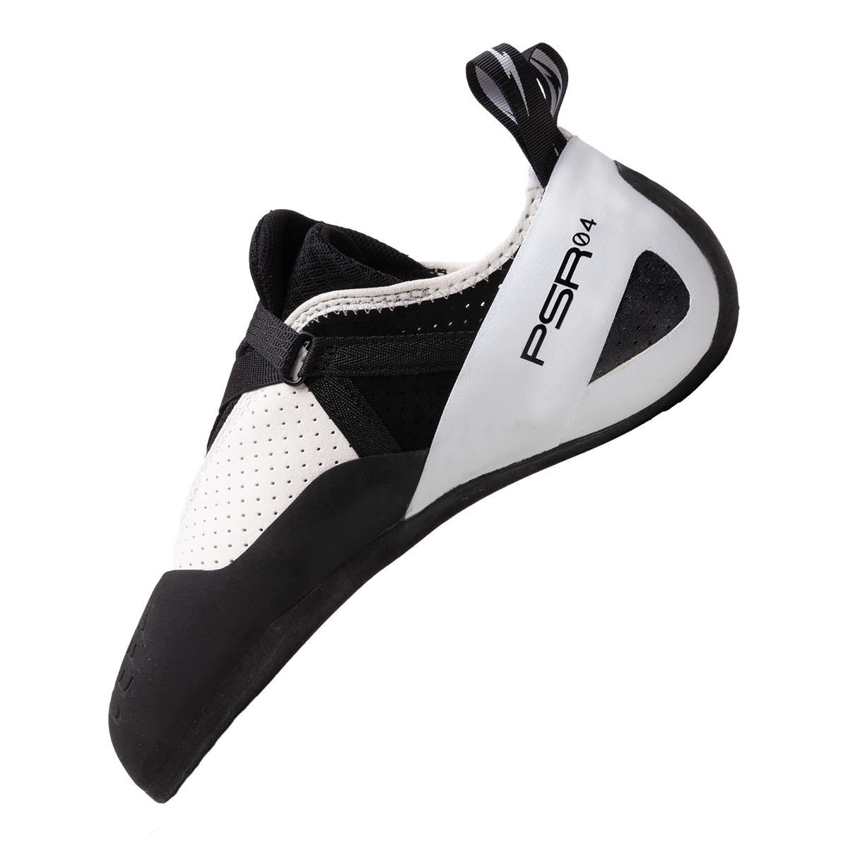 Evolv Defy climbing shoes, side profile with white upper, black toe rand, and lace-up