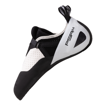 Evolv Defy climbing shoes, side profile with white upper, black toe rand, and lace-up