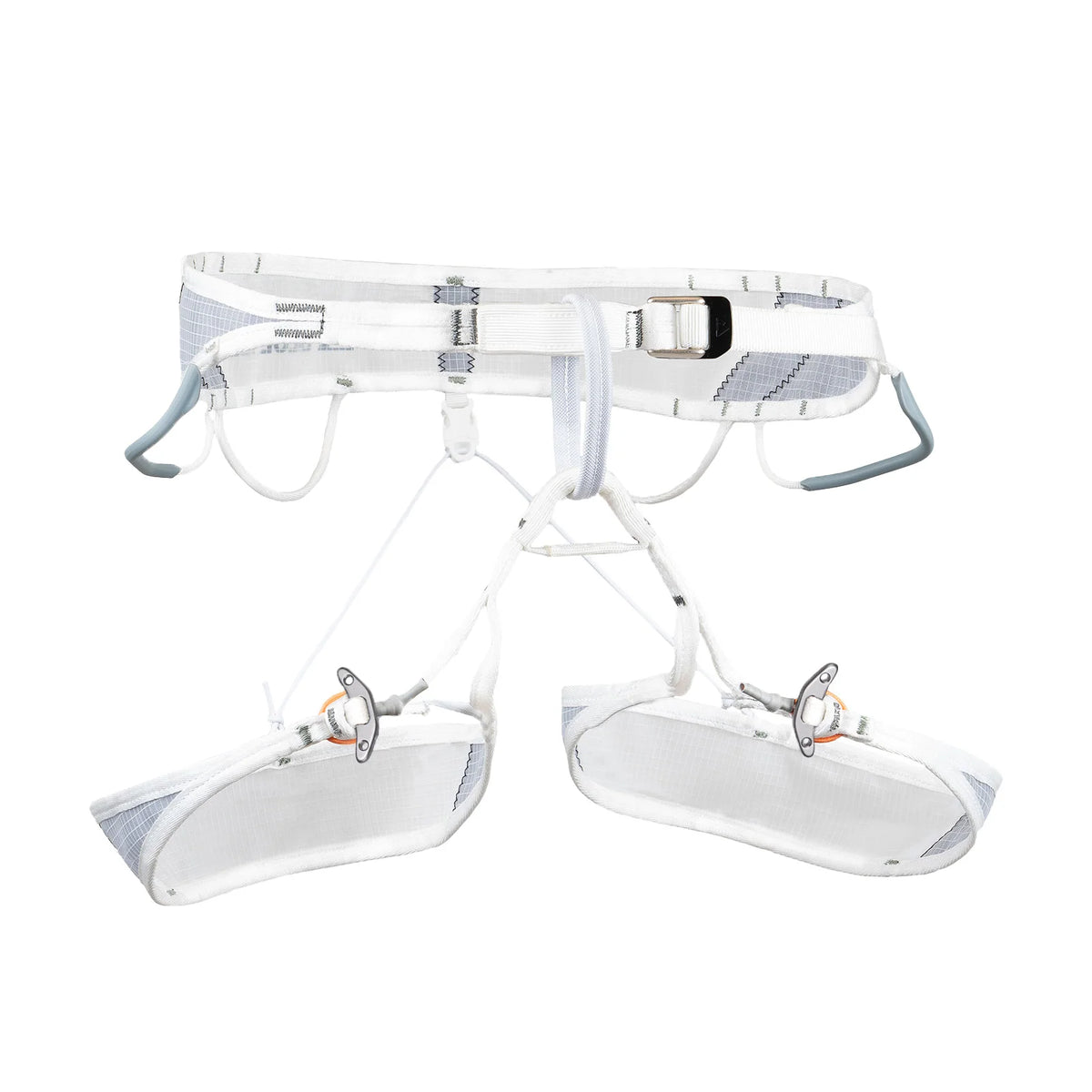 White ice climbing harness with waist belt, leg loops, and front buckle