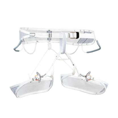 White ice climbing harness with waist belt, leg loops, and front buckle