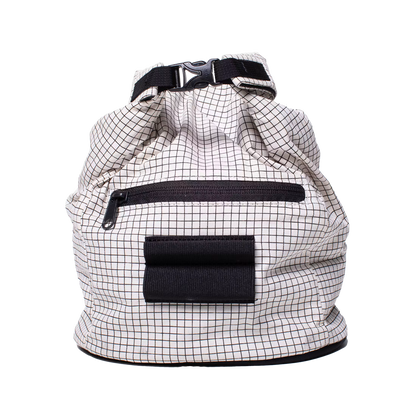 Canvas chalk bucket with roll-top opening, black shoulder strap, white grid canvas