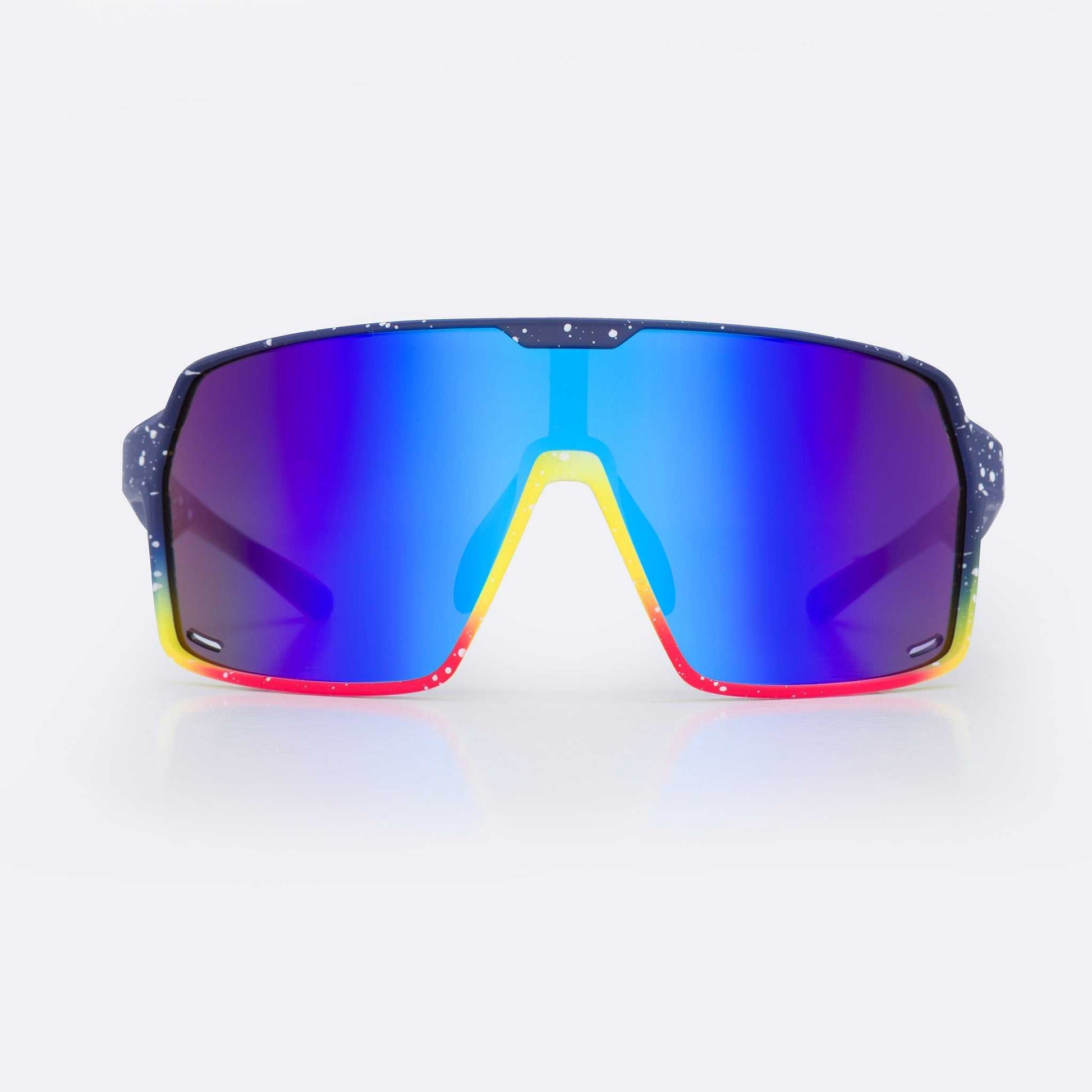 Wraparound sports eyewear with blue frames and multicolour mirrored lenses