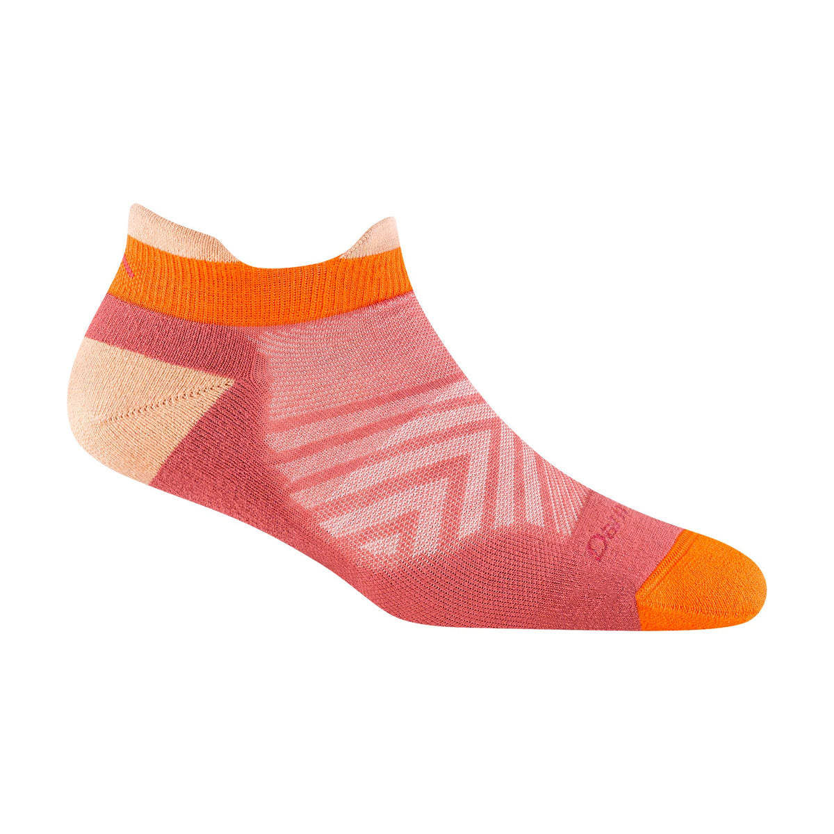 No-show merino running socks, orange knit with geometric stripe pattern