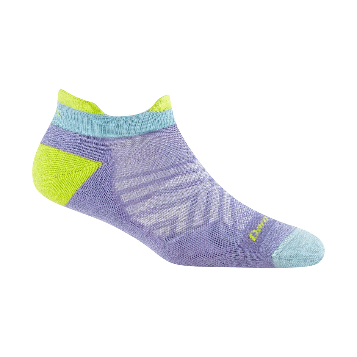 Lavender no-show running sock with neon yellow heel/toe and striped knit pattern.