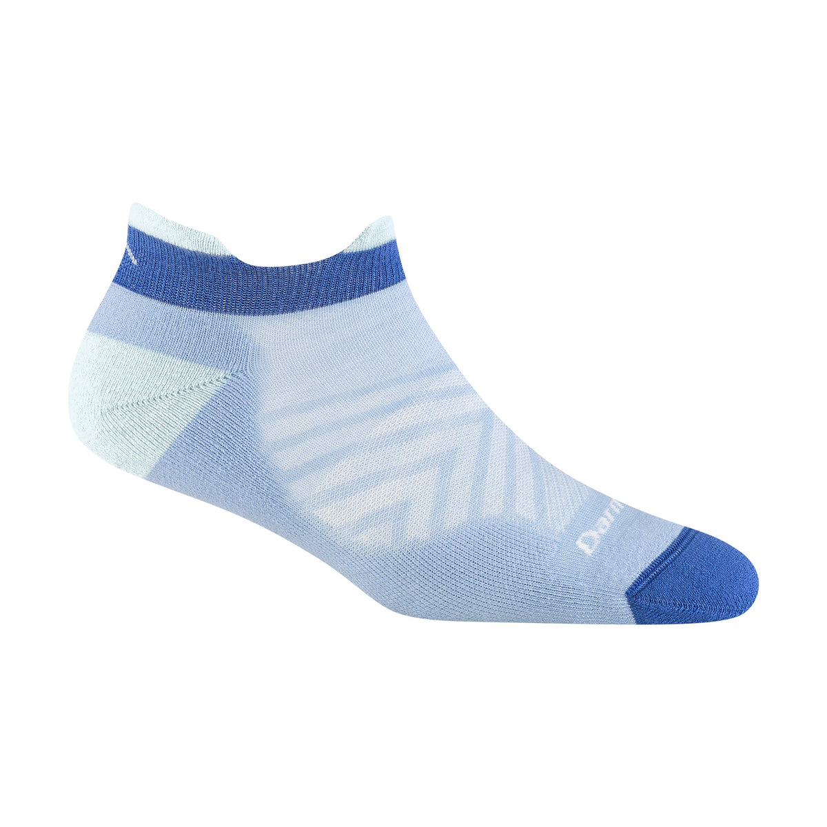 Light blue no-show running sock with dark blue toe cap and logo graphic detail.
